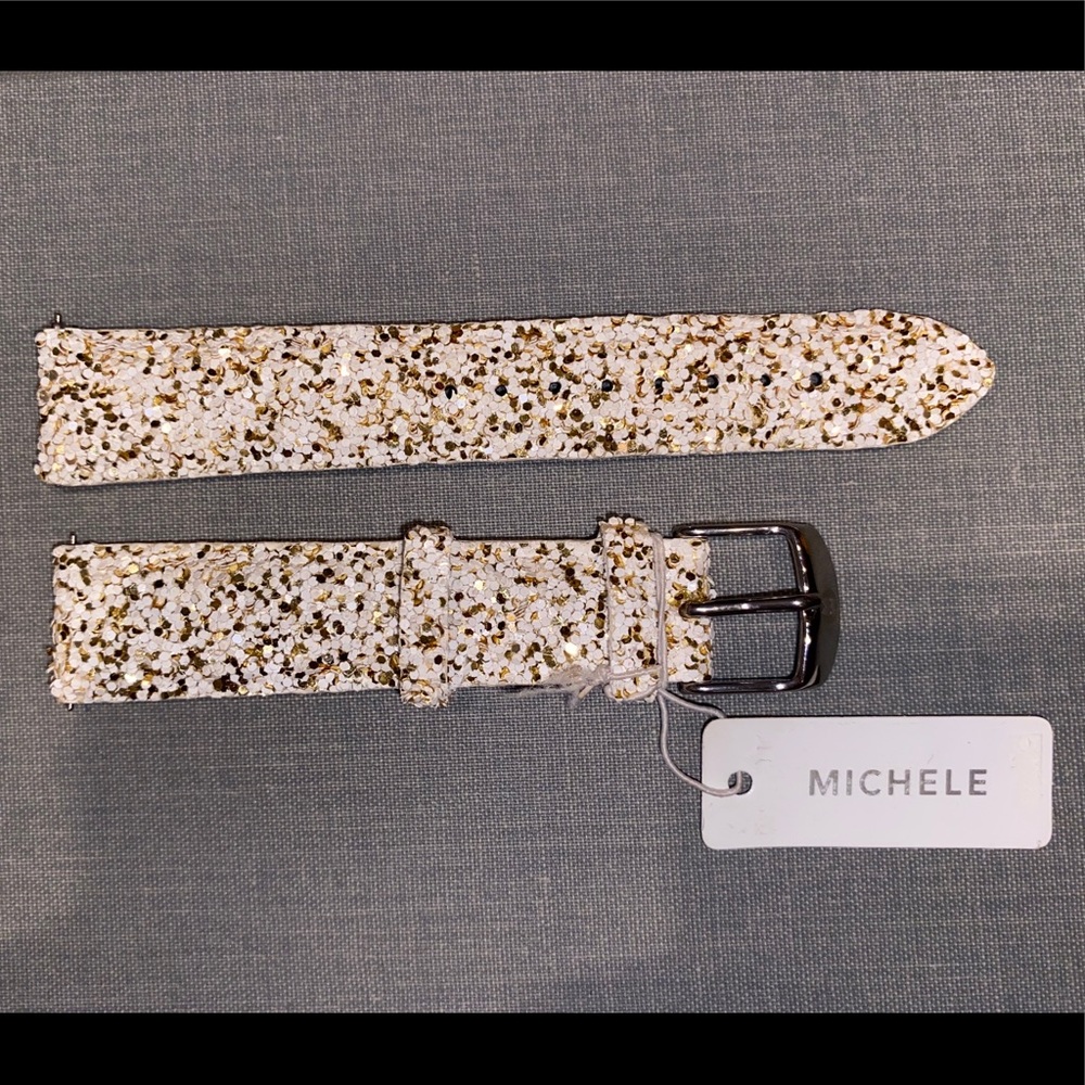 Michele Wrist Watch— Leather/White w Gold Crystals